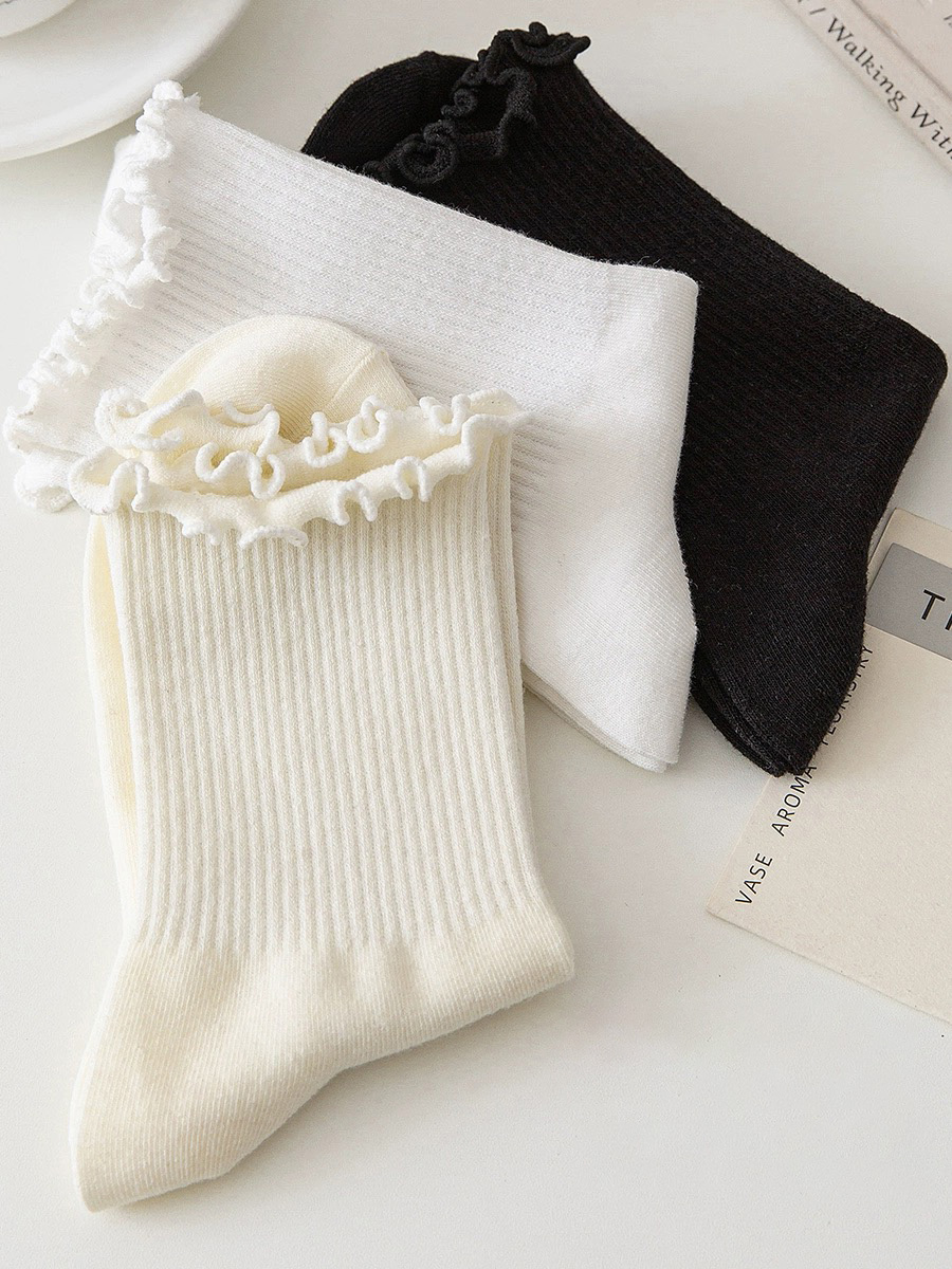 Calcetines con volantes para mujer, 3 par/lote, tubo medio hasta el tobillo, Calcetines blancos y negros transpirables, Calcetines femeninos para primavera y otoño