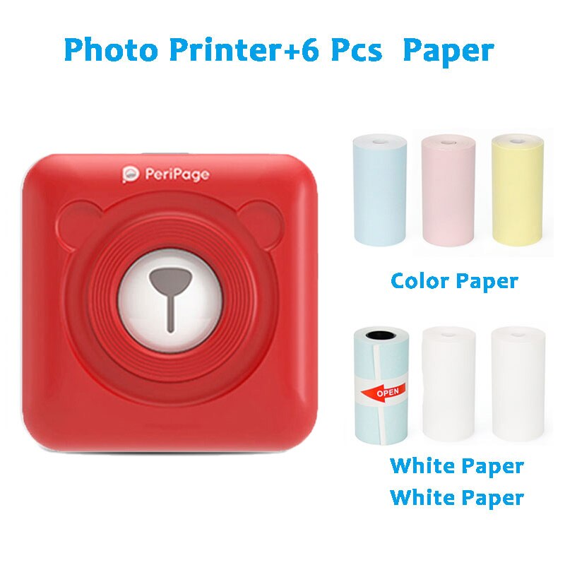Peripage-Mini impresora térmica de bolsillo A6, dispositivo de impresión portátil de 58mm, color rojo y amarillo, inalámbrica, Bluetooth, Android e IOS, novedad: R 6pcs Paper