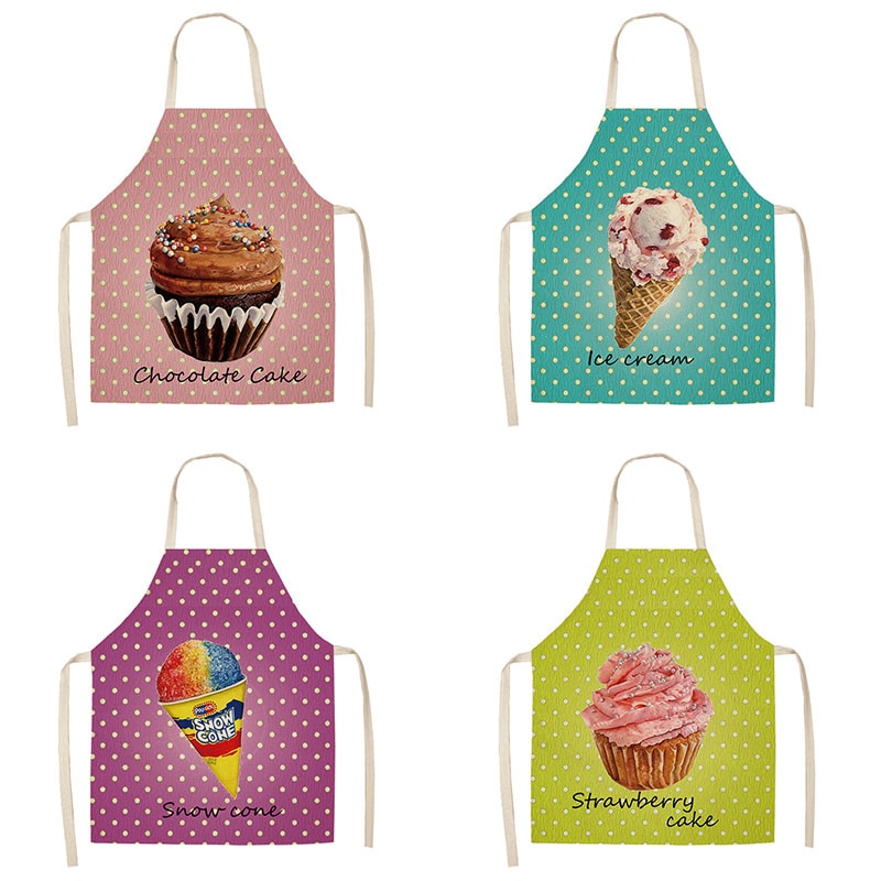 Cartoon Pastry Ice Cream Apron Printed Kitchen Aprons for Women Linen Home Cooking Coffee Baking Waist Pinafore Cleaning Tools