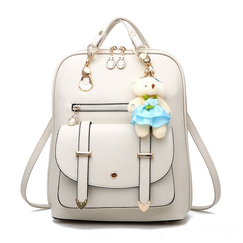 DIOMO Women Backpack Casual Cute for Girl School Bag Pu Leather Bear Pendant Multi-color Optional: White