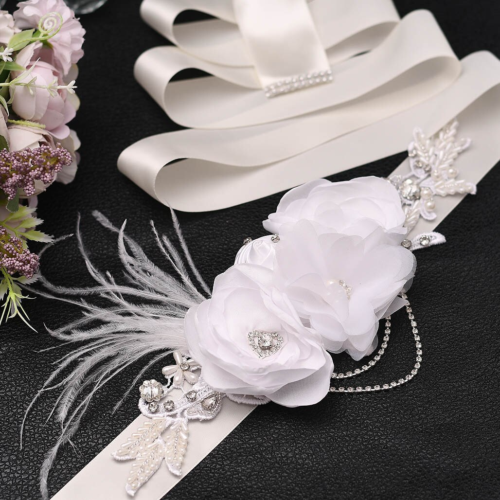Cinturón de lujo con flores y plumas grandes para mujer, fajín de señora para de boda con diamantes de imitación y cinturón para chica de cristales, S478