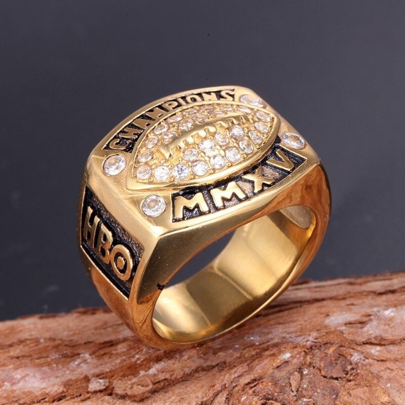 Trendy Bohemian Crystal Inlaid Ring for Men Metal Gold-Plated Round Championship Ring Accessories Party Jewelry