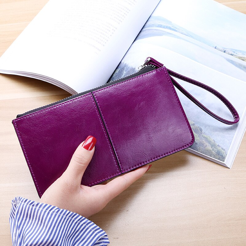 Portamonete semplice multifunzione da donna con cerniera in pelle cerata con cerniera in pelle cerata Vintage: VIOLA