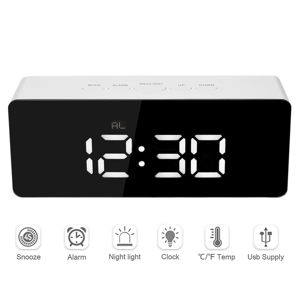 Digital LED Alarm Clock 12H/24H Alarm and Snooze Function Mirror Clock Indoor Thermometer Electronic Desktop Table Clocks USB