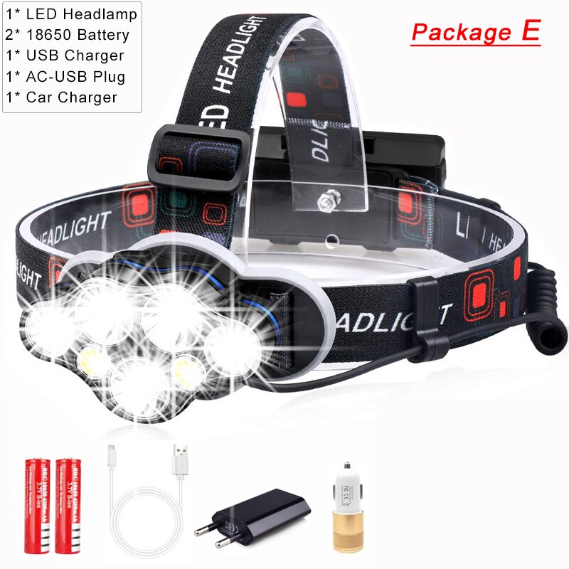 40000LM Krachtige Led Koplamp Usb Oplaadbare Head Lamp 7 Led Koplamp 8 Modes Head Zaklamp Waterdichte Hoofdlamp: Package E