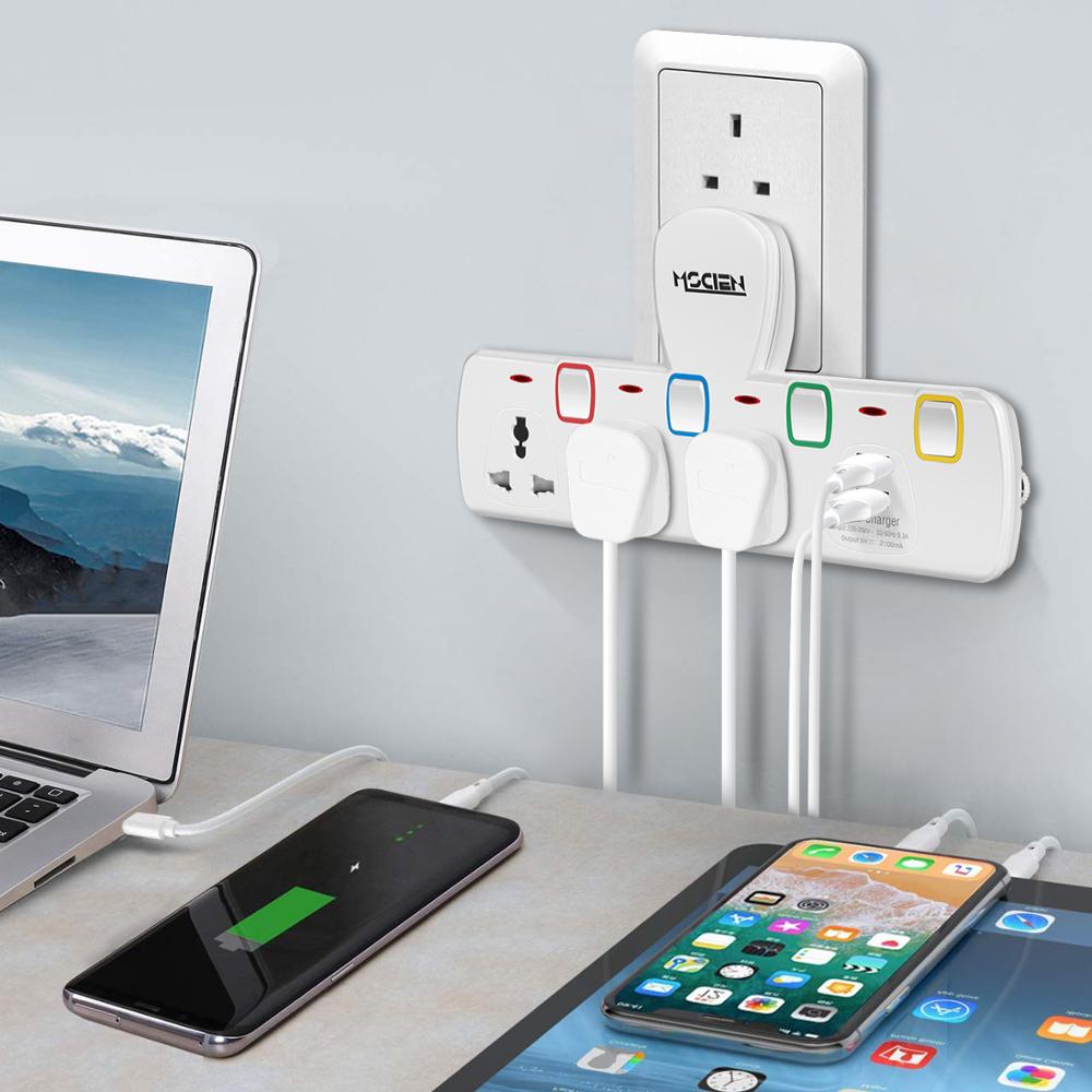 Mscien 3 Way Plug Extension with 2 USB Multiplug Wall Socket Extension with Individually Switches and Neon Indicators 13Amp Exte