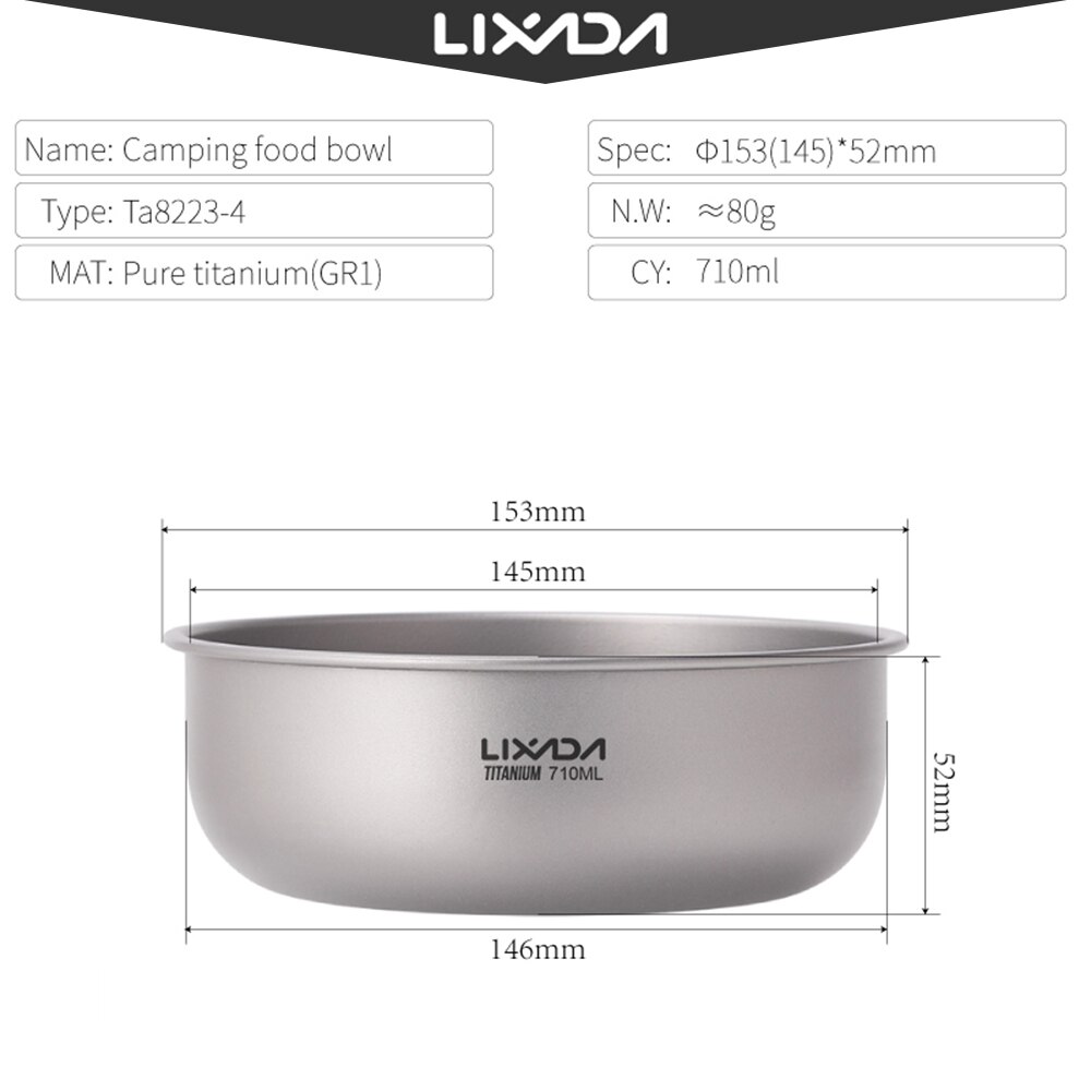Lixada – bols de Camping en titane, casserole de fruits et légumes, assiette de dîner, récipient de nourriture pour la maison, Camping en plein air, randonnée pique-nique: 710ml