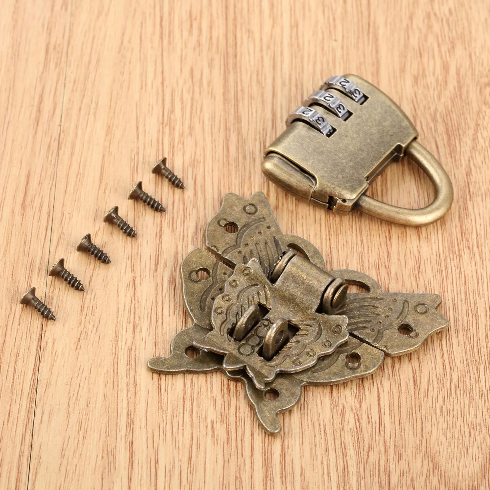 1kit Password Padlock+Butterfly Latch Clasp Wooden Box Lock Set with Screw Vintage Wood Jewelry Box Cabinet Drawer Retro Decor