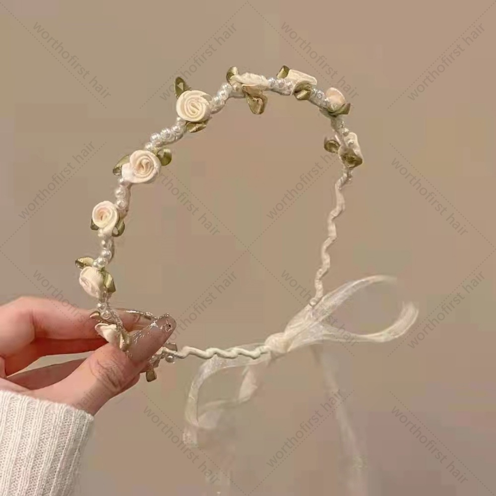 pink Rose Fairy Lace Hair Bands Head Wraps Headband Classic Romantic Wedding Shiny Silk Ribbon Rose Flower Hair Hoops Head Wrap: Yellow