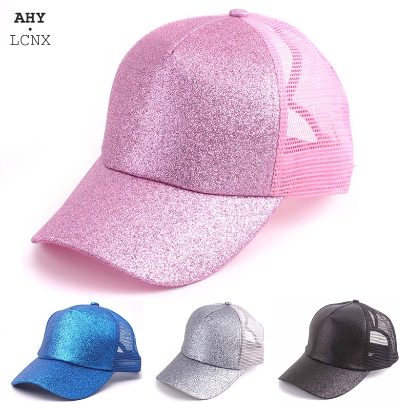 Summer Mesh Baseball Caps For Women Glitter Matte Ponytail Cap Shining Sequins Messy Bun Snapback Hip Hop Hat