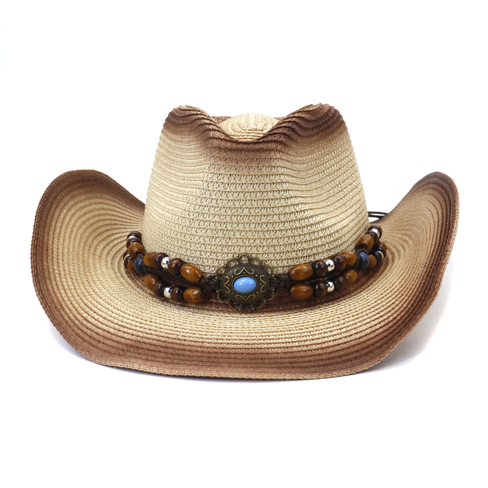 Handmade Straw Summer Western Cowboy Hat Women Men False Gem Decoration Panama Beach Cowgirl Hat 56-58CM: 4