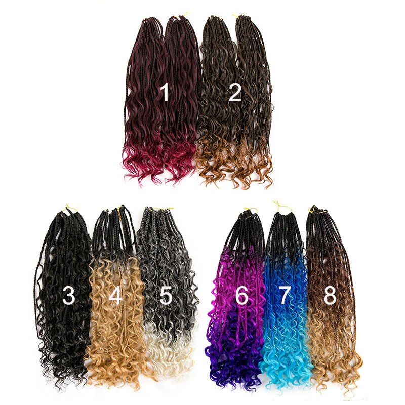 24Inch Box Braids Hair Boho Braids Ombre Synthetic Curly Crochet Braiding Hair Extension Messy Goddess Black Brown