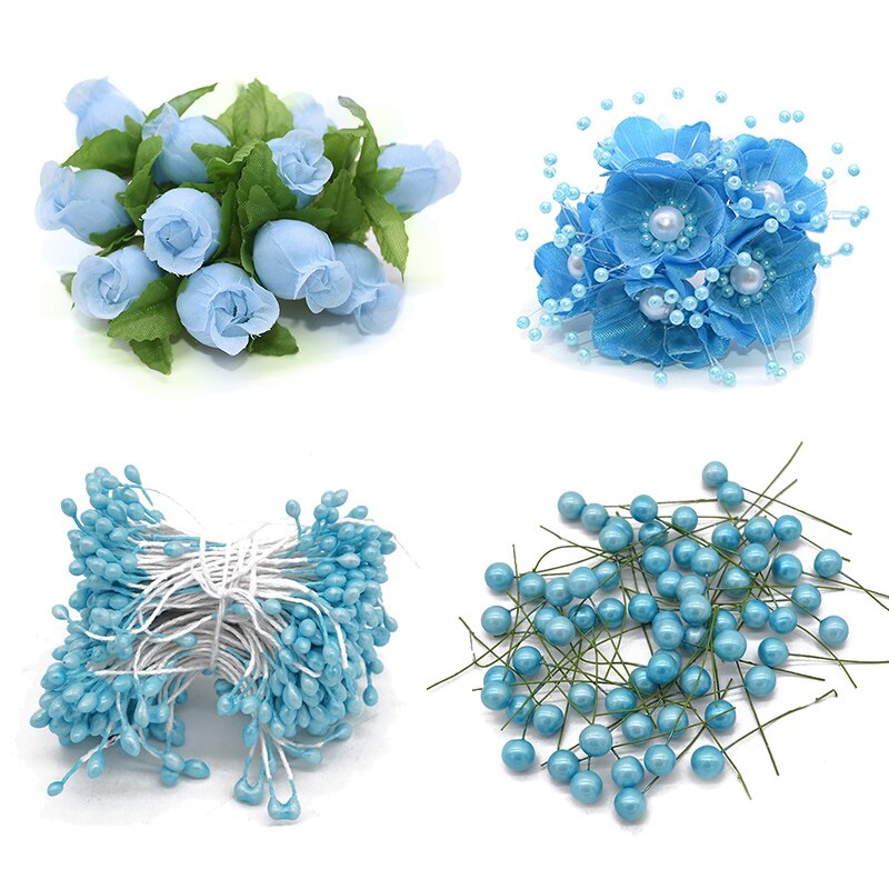 Mini blandet blå kunstige planter blomster kirsebær støvdrager bær buket kasse diy krans jul bryllupsfest deco forsyninger