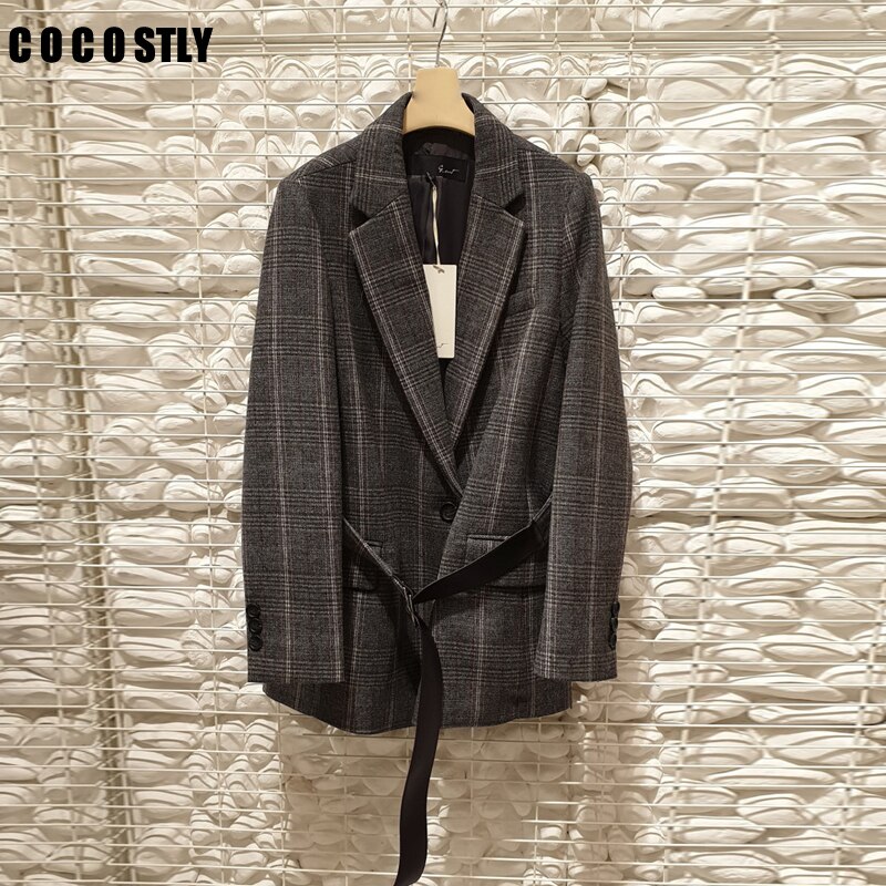 Blazer en vichy Chic à carreaux avec ceinture, manches longues, costume mi-longues pour femme, de bureau, printemps-automne coréen, collection