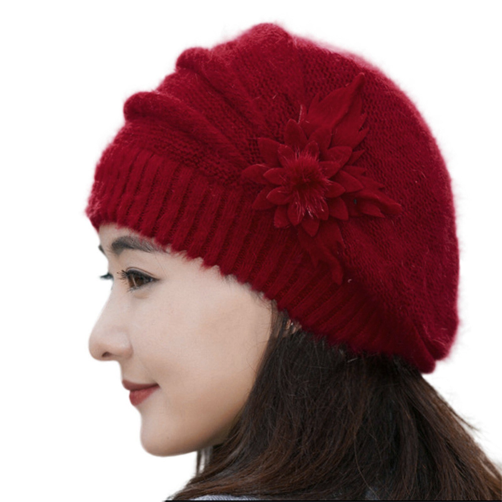 Dames Hoed Bloem Brei Haak Beanie Hat Winter Warm Cap Baret Meisje Mode Motorkap Cap Zachte wol Hoed: RD
