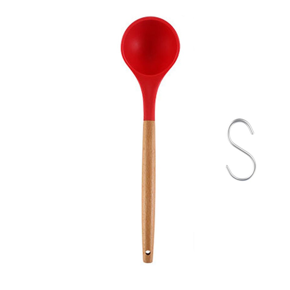 Silicone Kitchen Soup Spoon Cooking Spoons Wood Handle Spoon Kitchen Accessori: Red