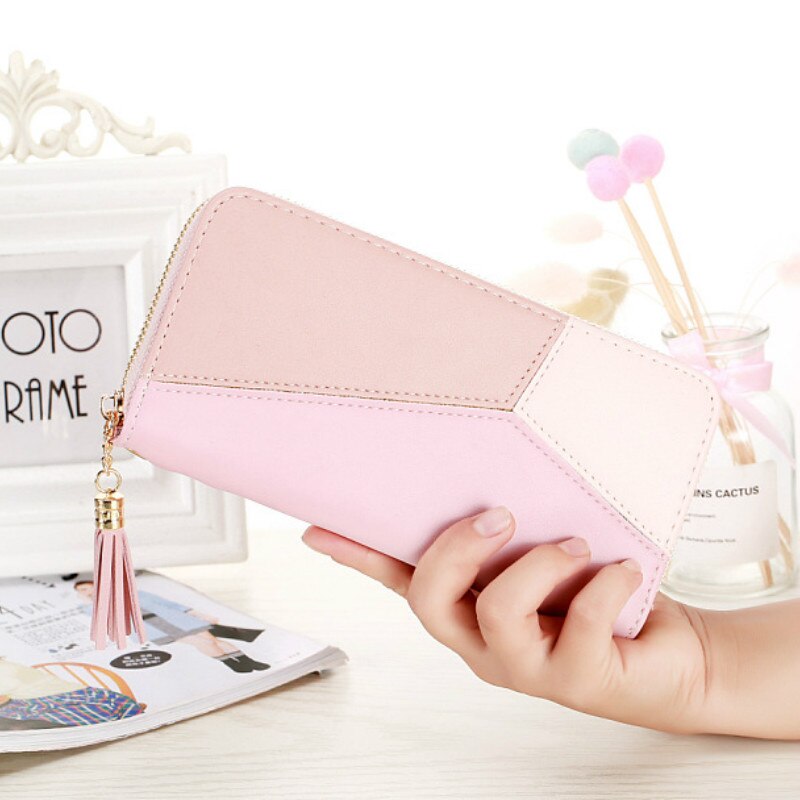 Women Wallets Long Color Contrast Clutch Bag Large Capacity Zipper Wallet Mobile Phone Bag Standard Wallets PU