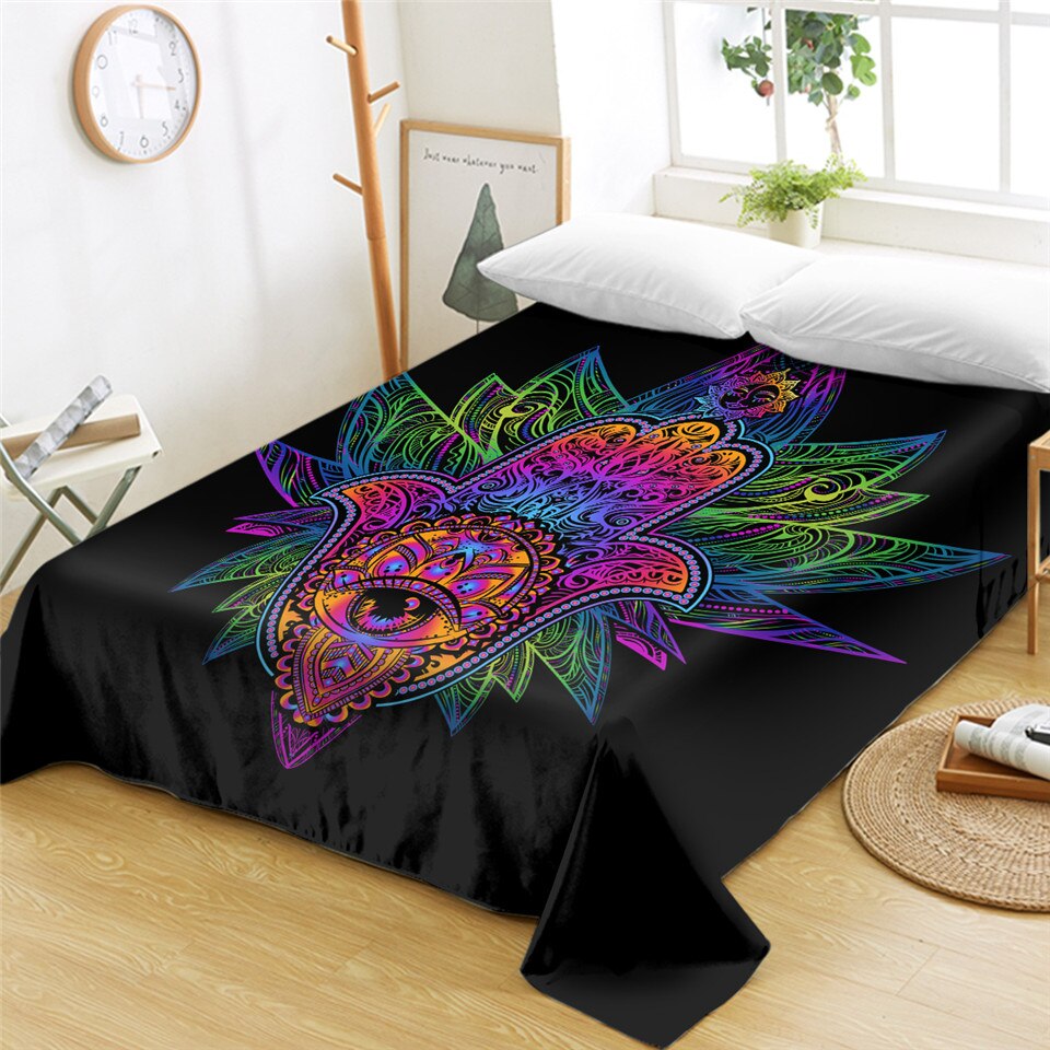Beddingoutlet Hamsa Hand Laken Boho Psychedelische Vlakke Plaat Hand Van Fatima Spreien 1 Pc Hippie Amulet Drap De Lit: King 284cmx269cm
