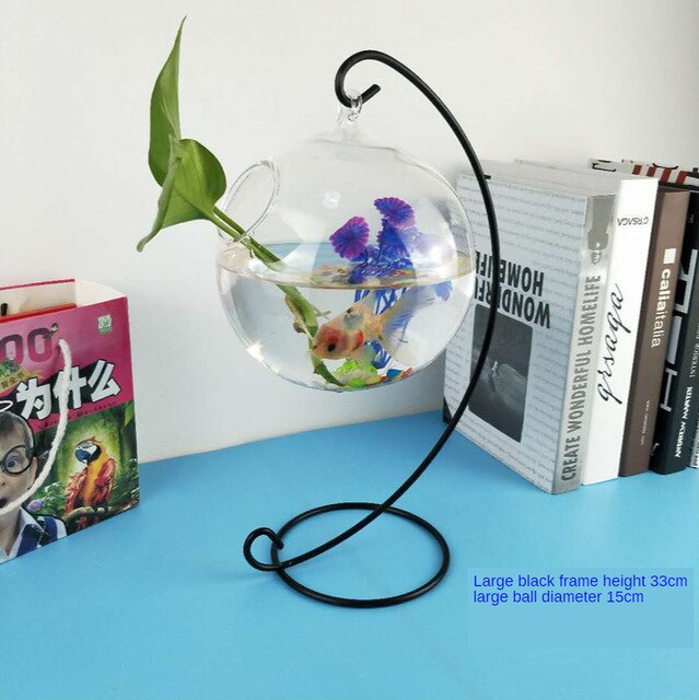 Desktop Hanging Glass Fish Tank Mini Aquatic Plants Vase Fish Tank Transparent Goldfish Tank Iron Support Aquarium: C1