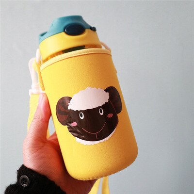 Bouteille d'eau en verre avec animaux pour enfants, avec sangle de sac en paille, couvercle supérieur verrouillable, anti-fuite, sans BPA, pour garçons, voyage randonnée, 500ml: Sheep with bag