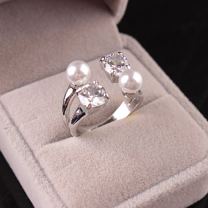 Korean Zirkon Perle Ringöffnung Ring Einstellbare Strass Graceful Chic Für Frauen Hochzeit OL Schmuck Neue