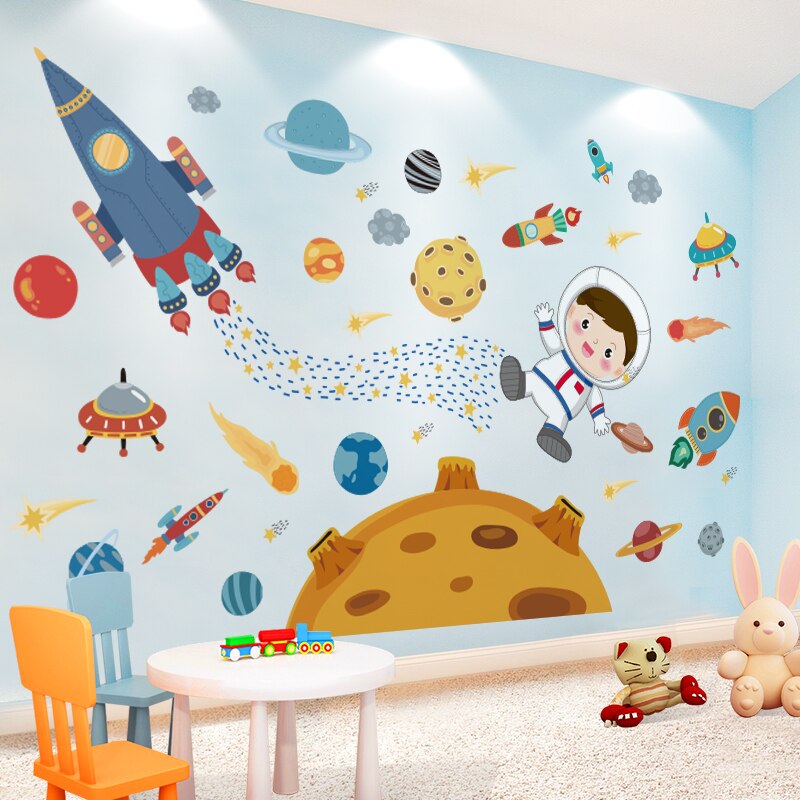 [Shijuehezi] Outer Space Muurstickers Diy Planeten Rockets Astronaut Muurstickers Voor Kinderen Kamers Baby Slaapkamer Home Decoratie