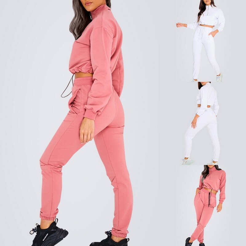 Conjunto de dos piezas de Color liso para mujer, pantalones de cintura alta con ombligo expuesto y cremallera redonda de manga larga, ropa de femenina