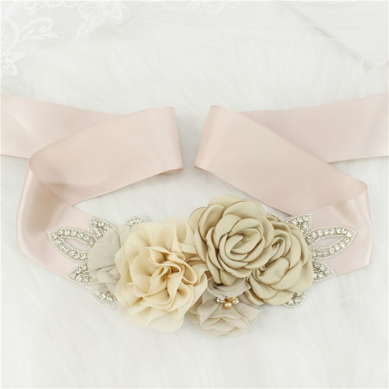 Cinturones de boda con diamantes de imitación para mujer, accesorios de boda, banda de flores de satén, pretina para niña, cinturón de boda: Light coffee