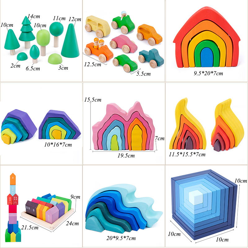 Baby Montessori Wooden Building Blocks Rainbow Stacker Wooden Toy Flame House Stone Rainbow Blocks Geometric Wooden Toys For Kid