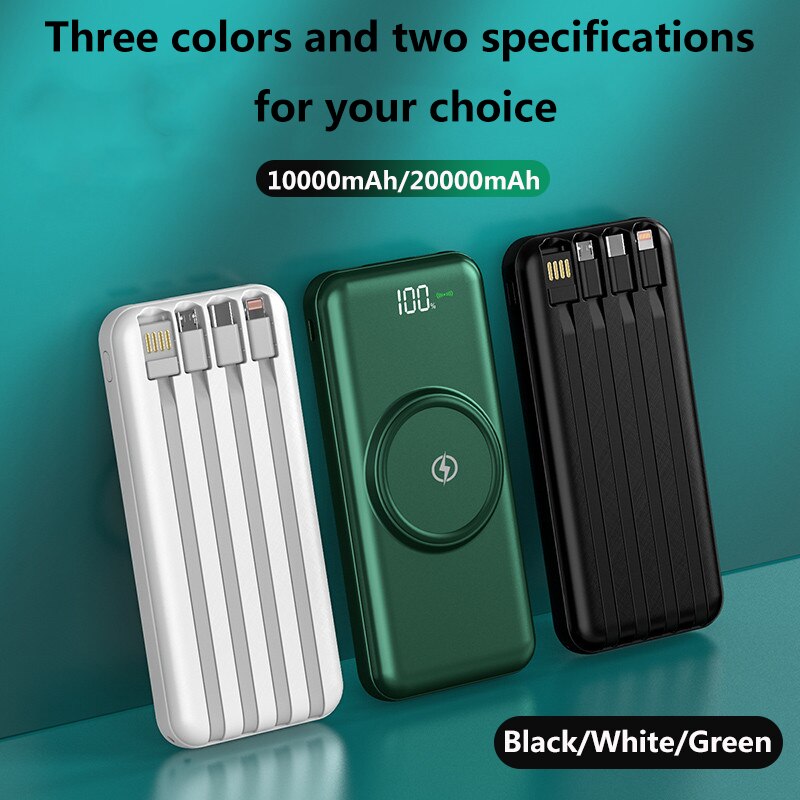 Caseier 20000 mah powerbank trådløs oplader til iphone 12 mini pro max 10000 mah powerbank indbygget kabel til samsung poverbank