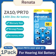 6pcs/1pack Original Renata ZA10 PR70 A10 ZA 10 10A 10 1.45V 105mAh Zinc Air Battery For Hearing Aid Audiphone Button Coin Cells