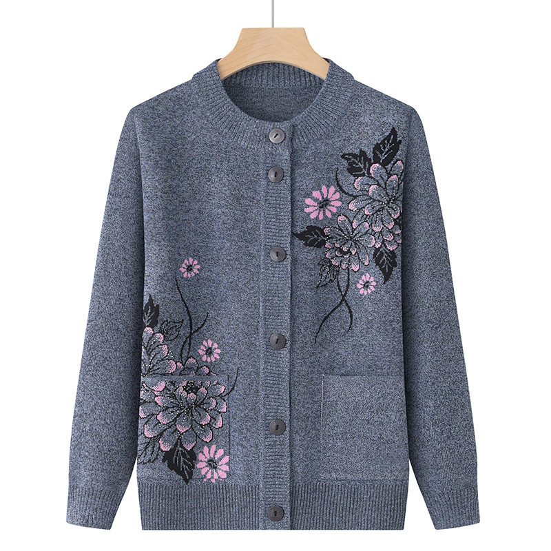 Korean Women's Clothes Knit Woolen Printed Cardigan Coat Middle Aged Mother Knitwear Tops Vintage Grandma Sweater Jacket: 4XL / GRAY