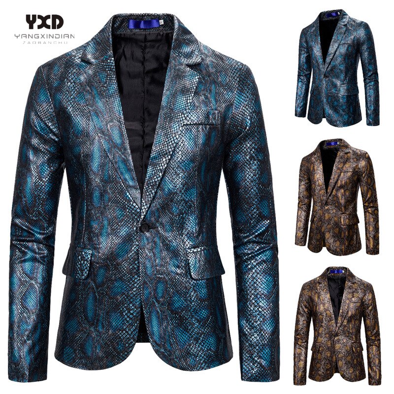 Bronzing Snake Printed Blazer Mens Suits Tuxedos Club Bar Wear Best Man Blazer Business Groomsman Slim Casual Jacket