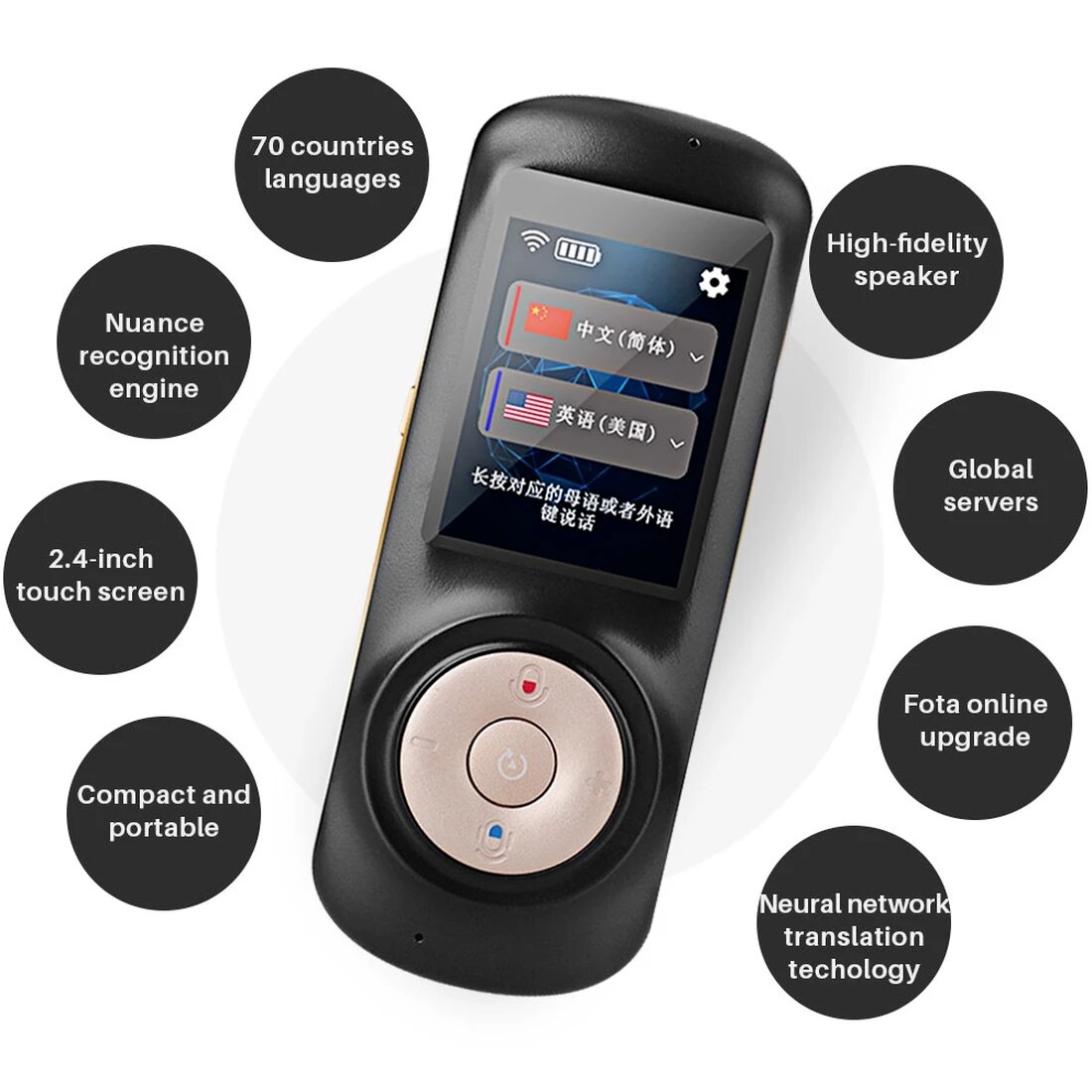 T2S – appareil de traduction vocale instantanée, avec WiFi, écran tactile intelligent de 2.4 pouces, pour l&#39;apprentissage, les voyages et les affaires