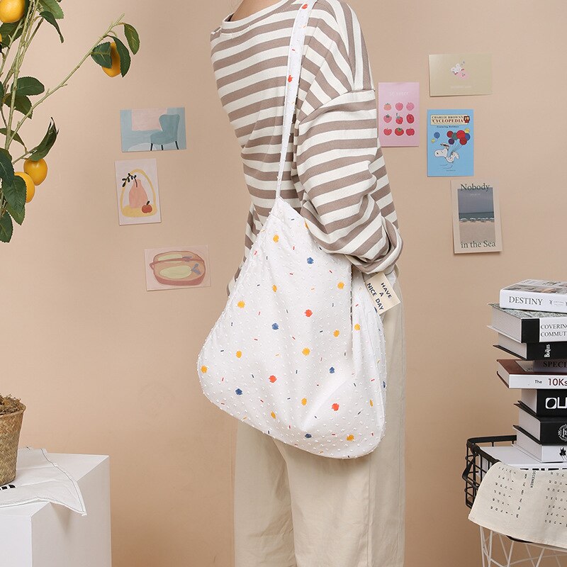 Polka Dots Women Canvas Bag Colorful Print Shoulder Bags Large Capacity Plush Dot Cloth Messenger Bags Shoulder Bag For Ladies