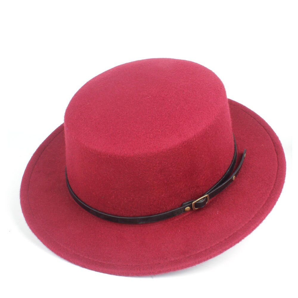 Men Women Flat Top Hat Winter Casual Hat Wool Trilby Fedora Hat Wide Brim Hat Size 56-58CM: Wine Red