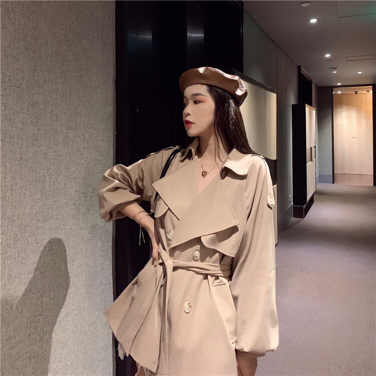 Online Celebrity Style Puff Sleeve Lace-up Loose-Fit Slimming Autumn Trench Coat