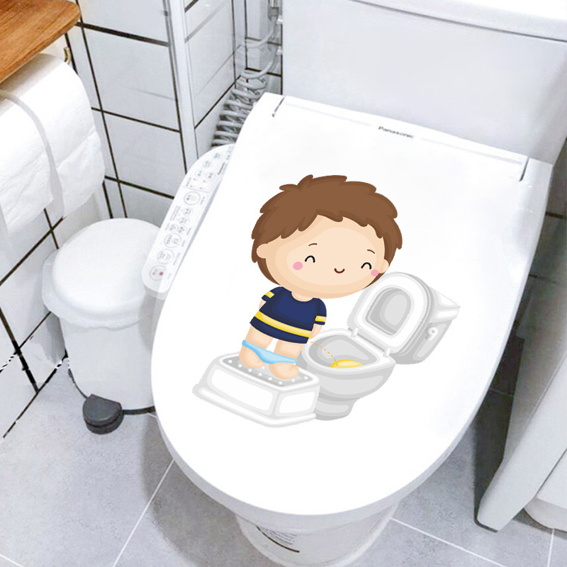 Cartoon Schattige Kleine Jongen Naar Het Toilet Gaan Kwekerij Wc Stickers Home Decoratie Muurstickers Zelfklevende