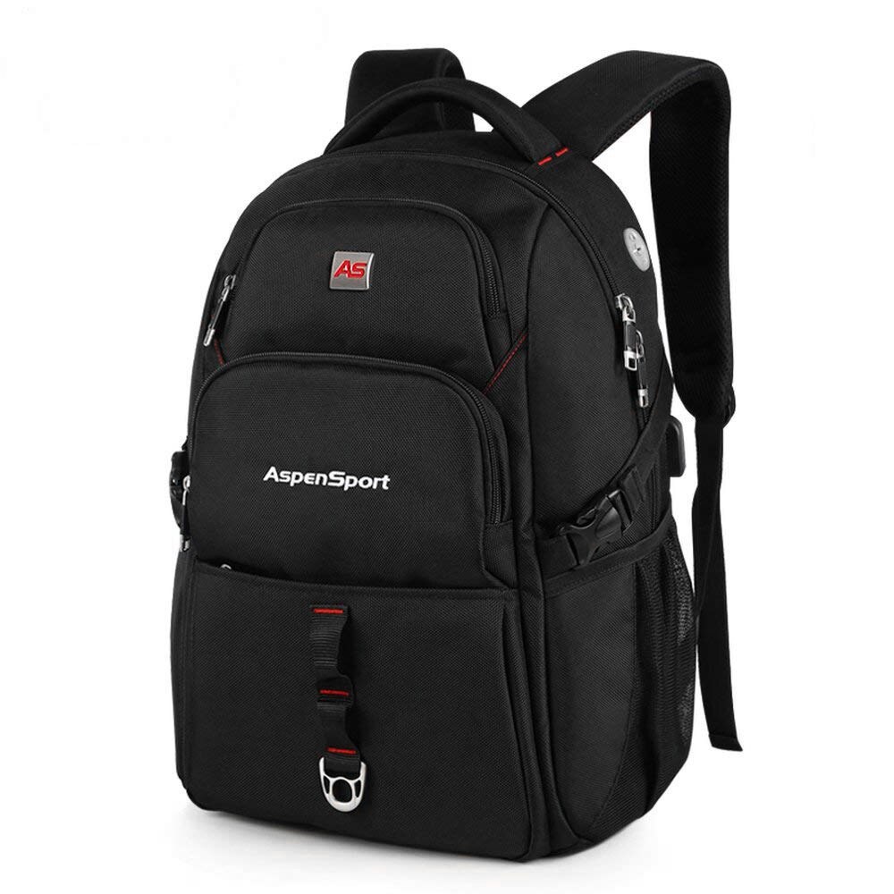 AspenSport School Backpack with USB Charging Port Travel Rucksacks Male Water Resistant Bag Fit Under 17 Inch Laptop: Black / 15 Inches