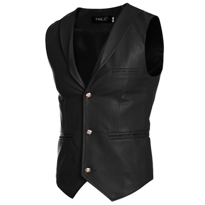 Gentleman lädervästar herr enkelknäppt herrväst 3 färger slim hombre casual cool läder gilet herr: Svart / M