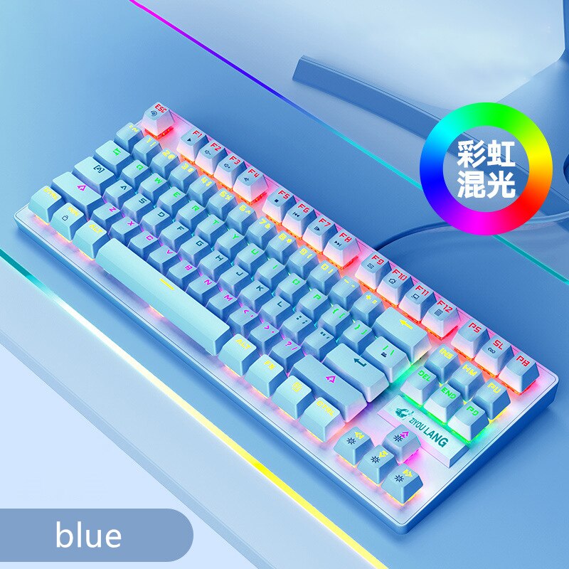 Gaming Mechanical Wired Keyboard 87-key Green axis USB Interface RGB Backlight For gamers PC laptops girly pink: Blue