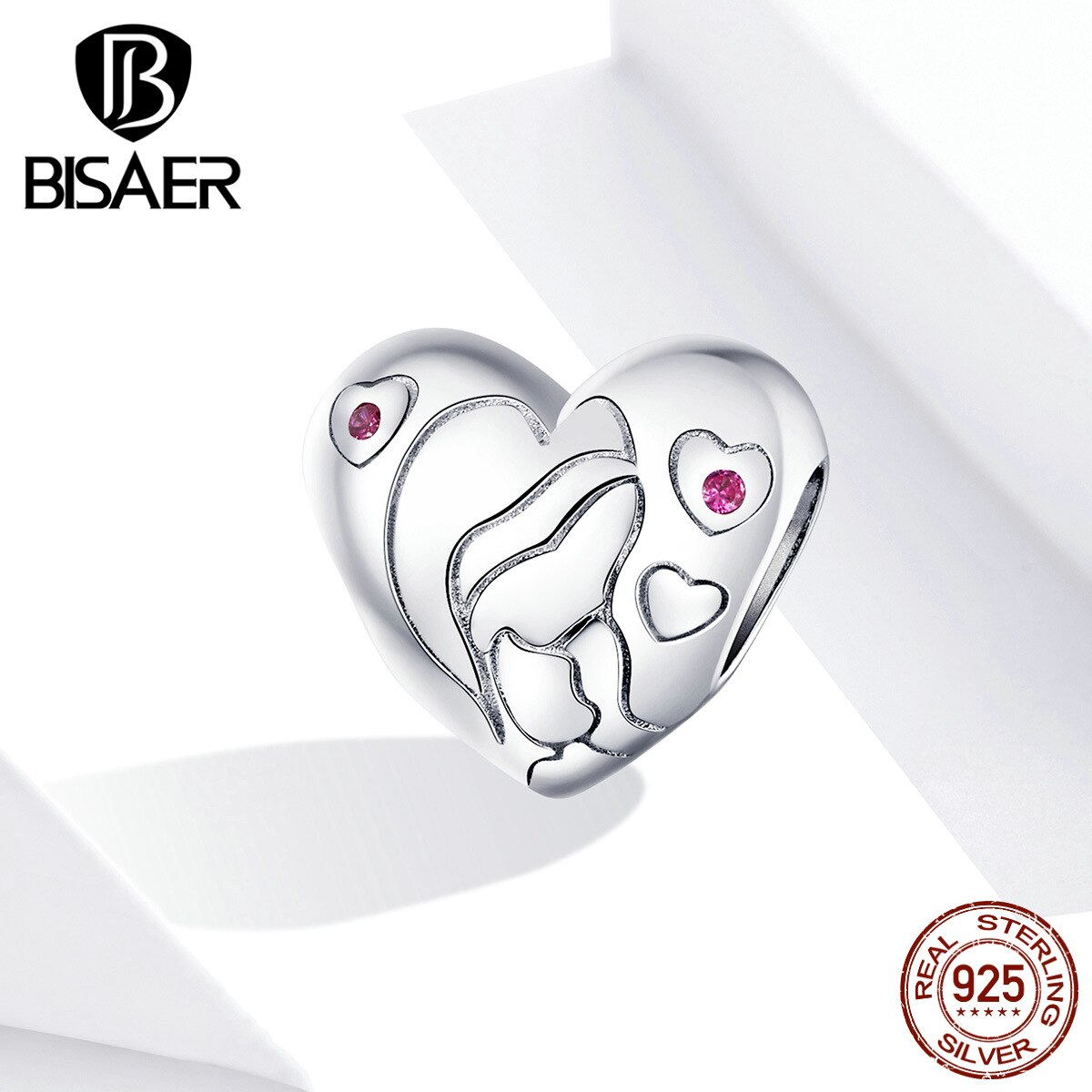 Dijes de Día de la Madre de BISAER 925 Plata de Ley Rosa zirconio mamá corazón cuentas para mujer pulsera collar joyería de la familia ECC1460