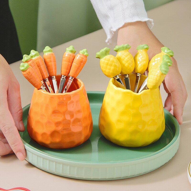 Fourchettes à fruits créatives en acier inoxydable, 7 pièces, service de couverts, fourchettes avec support en céramique pour pique-nique à la maison