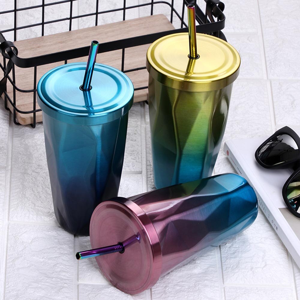 473ml Sippy Cup Stainless Steel Water Cup with Straw for Cold Beverages Milk Tea Coffee Juice Dual Layer Anti Mug