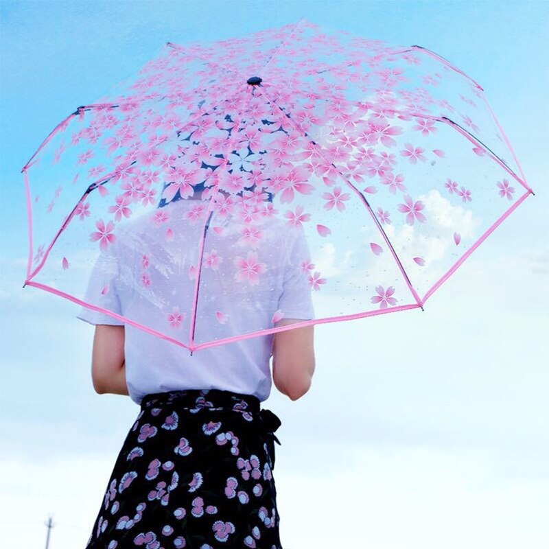 Transparent Women Folding Umbrella Female Luxury Business Rain Umbrella with Sakura Print Windproof Girls Clear Parasol