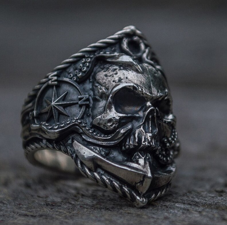Vintage Mannen Anker Ring Unieke Piraat Octopus Anker Adsorptie Kompas Stijl Punk Motorcycle Bike Charm Ring