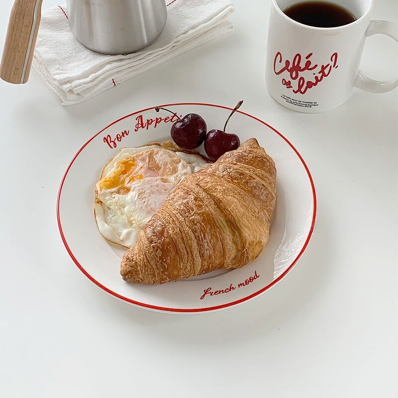 LadyCC French Retro Red Line Ceramic Dessert Plate French Letter Breakfast Plate Pasta Plate Bread Plate Restaurant