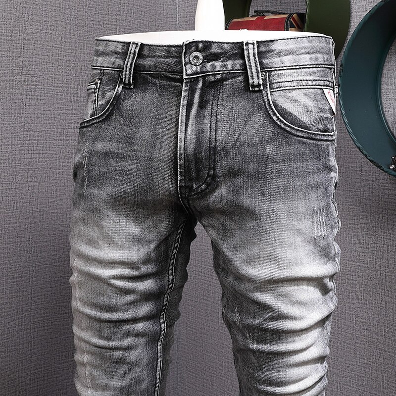 Pantalones vaqueros Vintage para hombre, Jeans rasgados ajustados elásticos Retro grises, desgastados de informal, europea