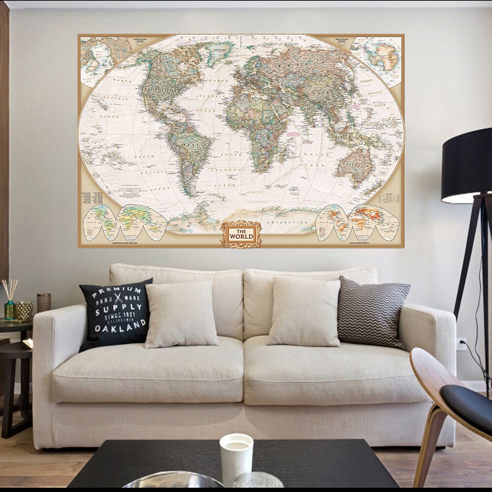 150*100cm det vintage verdenskort non-woven lærred maleri retro væg kunst plakat skole forsyninger stue boligindretning