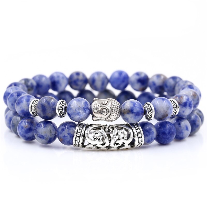 2PCS/Set Buddha Head Charm Natural 8mm Stone Beads Bracelet Sets For Women Men Braiding Macrame Bracelet Set Charm Bangle: BA-053(7)